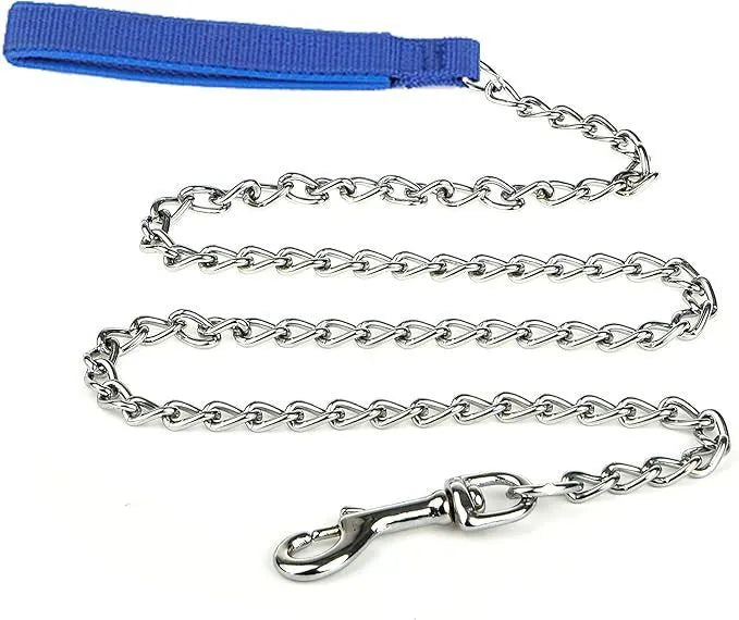 Heavy duty metal chain dog leash with a soft black padded handle, shown in red blue and black colours.