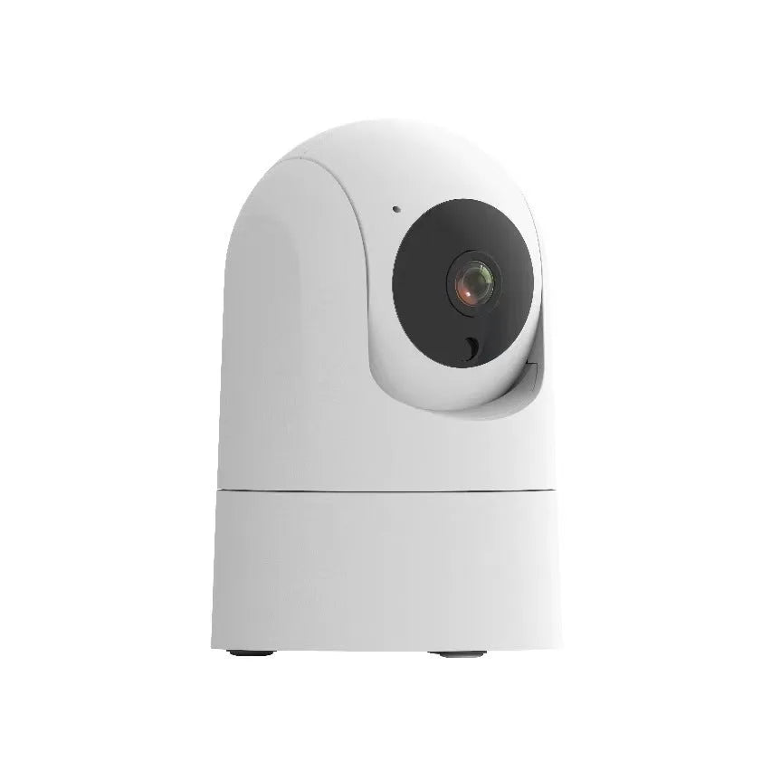 White square indoor security camera with lens and status light on front, shown next to its power adapter.