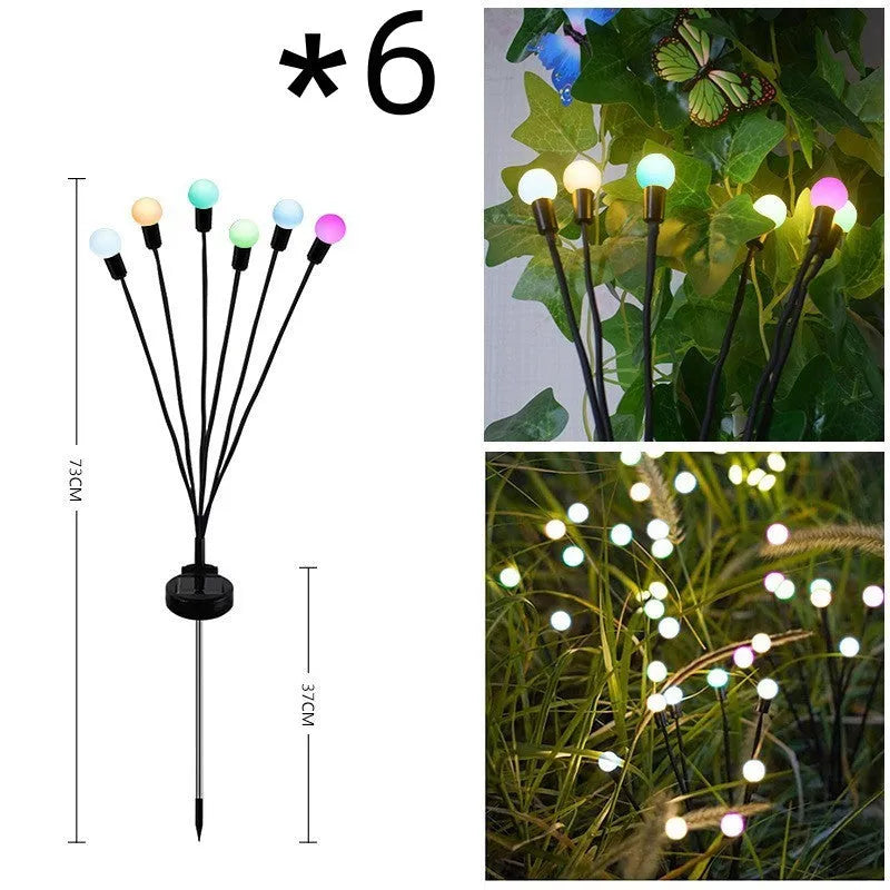 Solar-powered LED firefly ground lamp with multiple heads and ground spike for garden installation