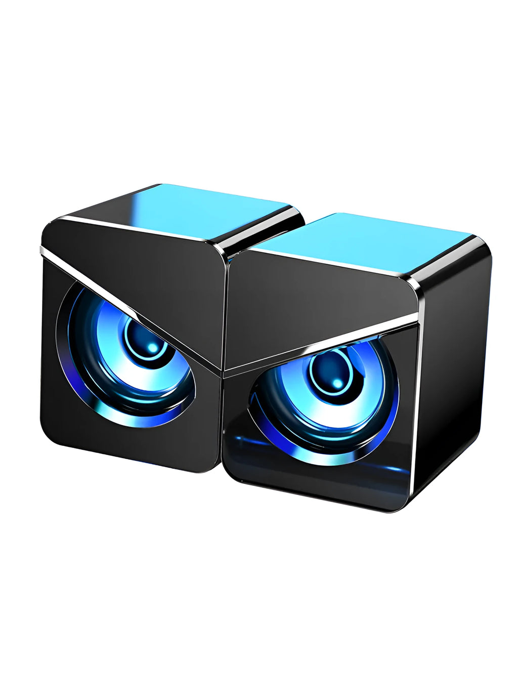 Black USB mini desktop speakers with independent volume knob and wired connection for computer audio