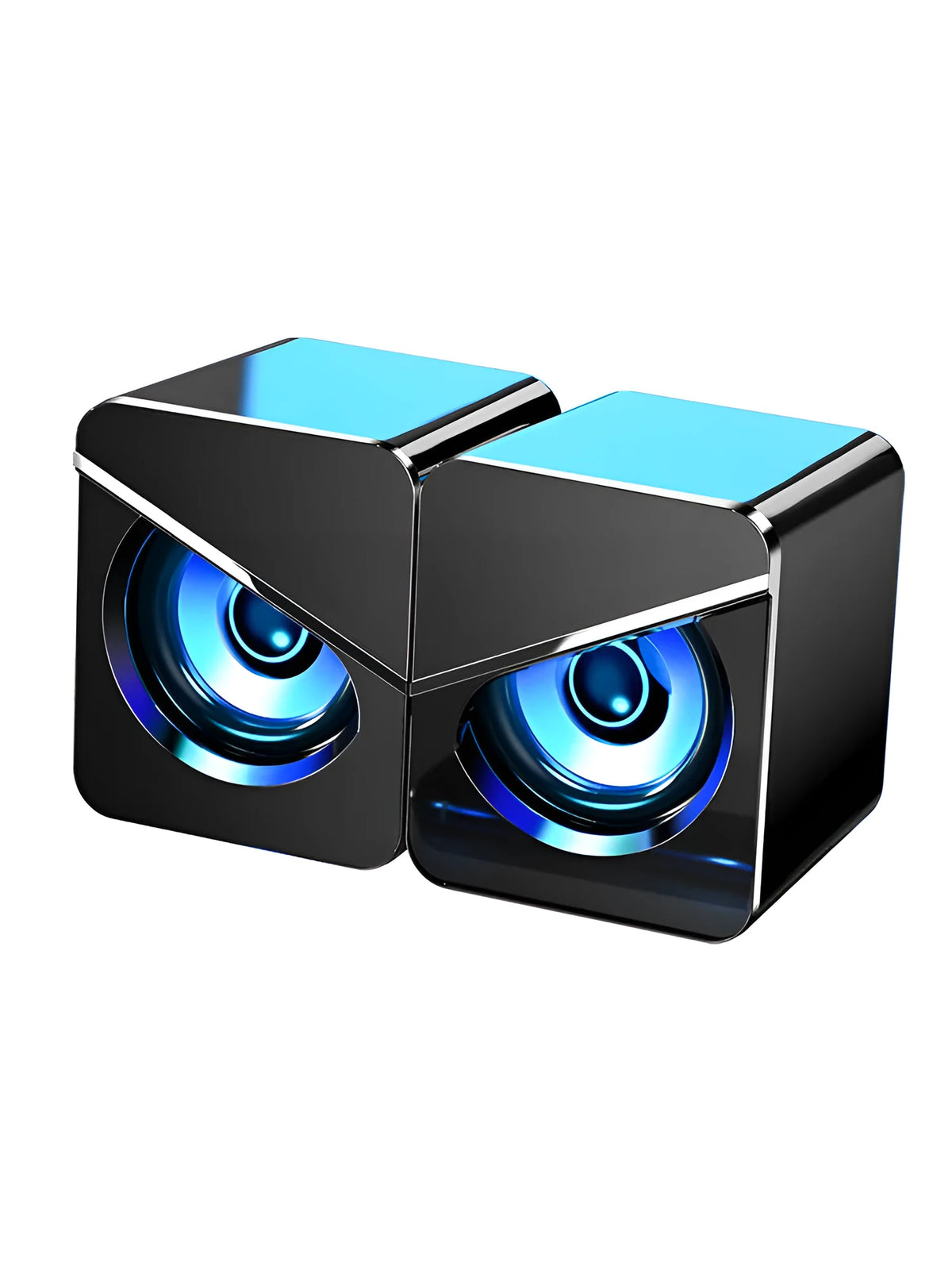 Black USB mini desktop speakers with independent volume knob and wired connection for computer audio