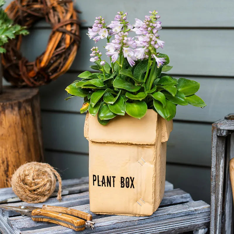 Cement brown paper box style flowerpot with angular sides and a perforated base on a floor.