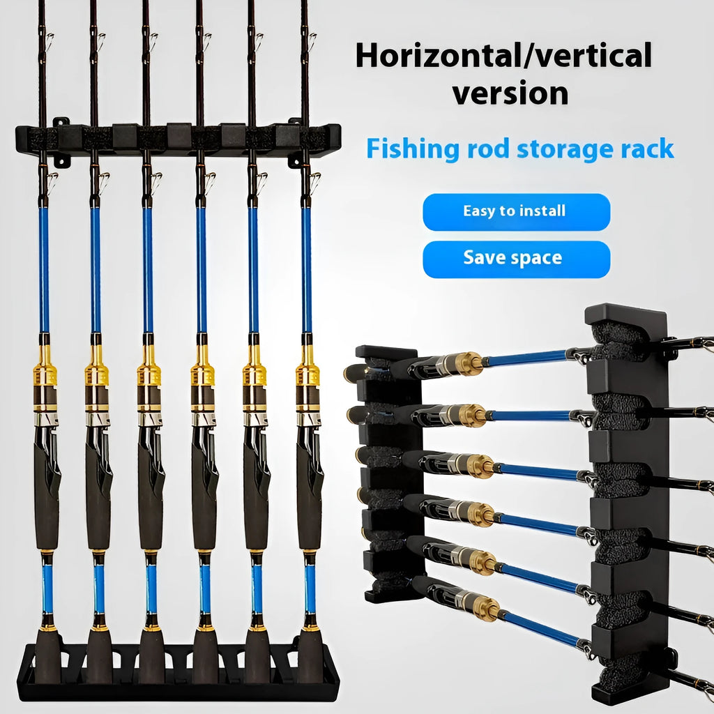 Black ABS plastic wall-mounted fishing rod holder with upright and horizontal storage options