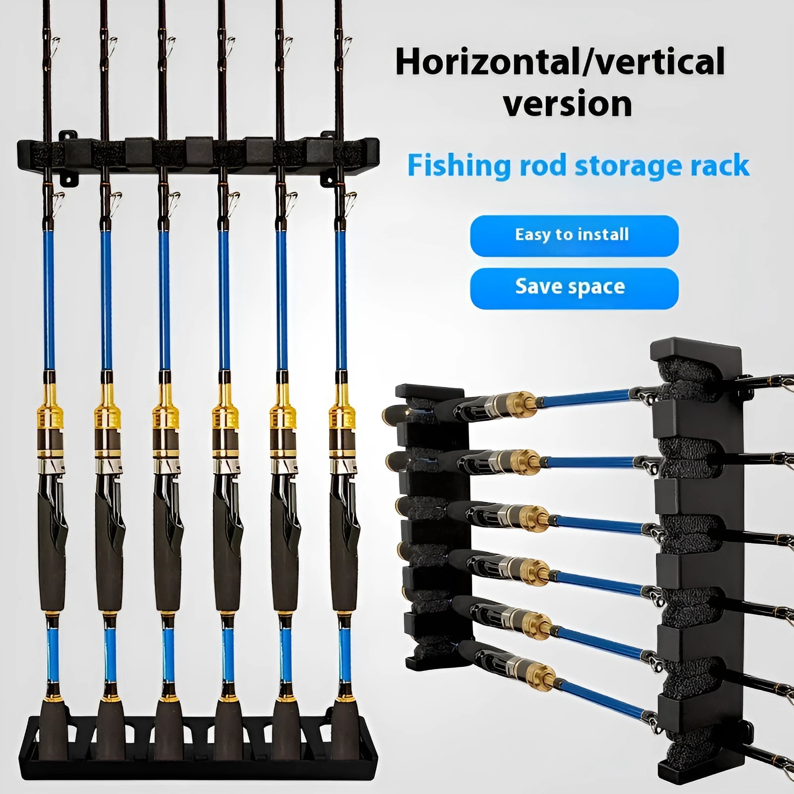 Black ABS plastic wall-mounted fishing rod holder with upright and horizontal storage options