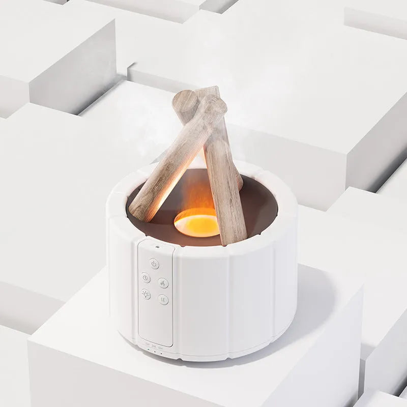 Simulated flame aromatherapy humidifier on a desk with USB cable and remote control