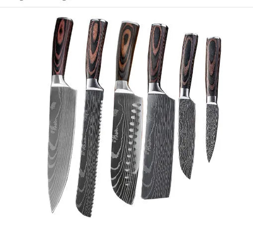 Chef knife with laser Damascus pattern blade and colour steel handle, 30cm long.