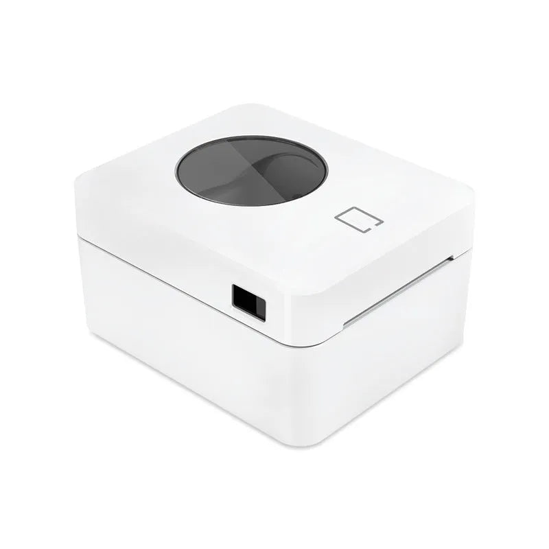 White Bluetooth thermal label printer with USB and wireless connectivity for shipping labels.