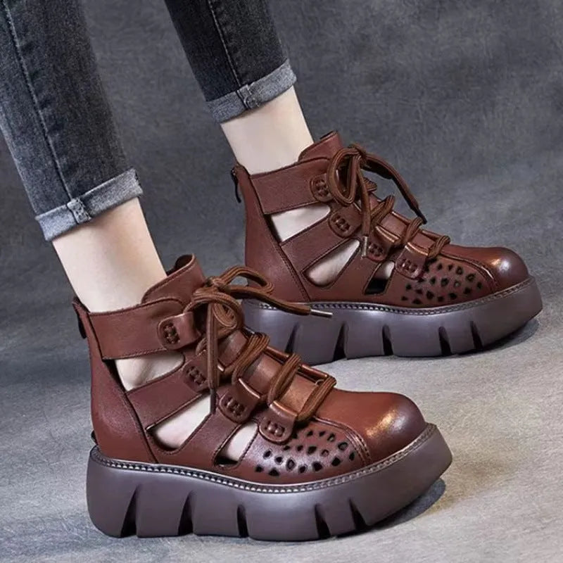 Women's soft cowhide leather platform sandals with hollow hole design in black colour