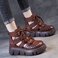 Women's soft cowhide leather platform sandals with hollow hole design in black colour