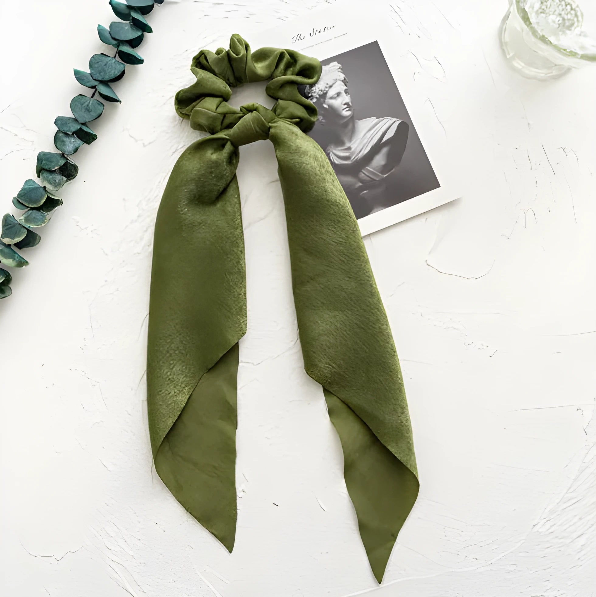 Long ribbon cloth hair ring headband with large intestine ring design in Spring dark green ribbon colour