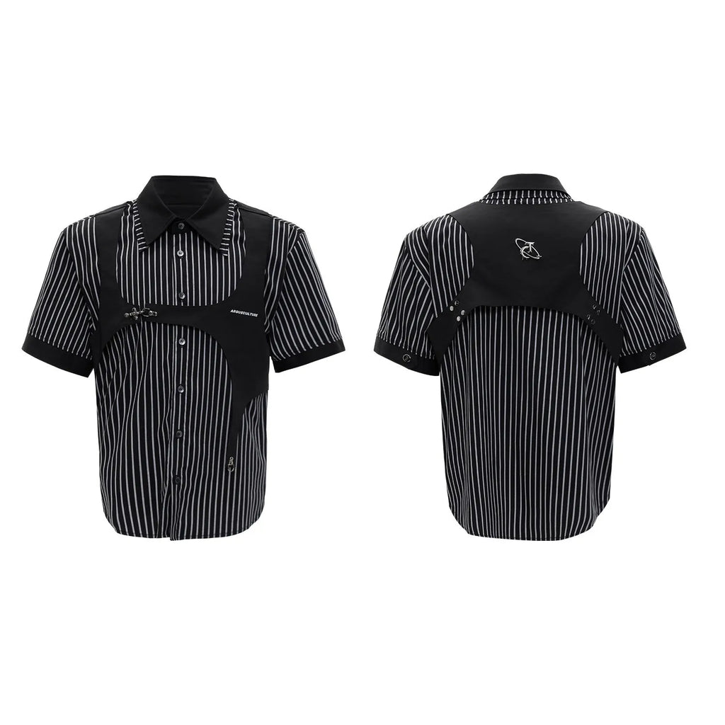 Men's black and white striped shirt with double collar design and short sleeves