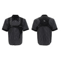 Men's black and white striped shirt with double collar design and short sleeves