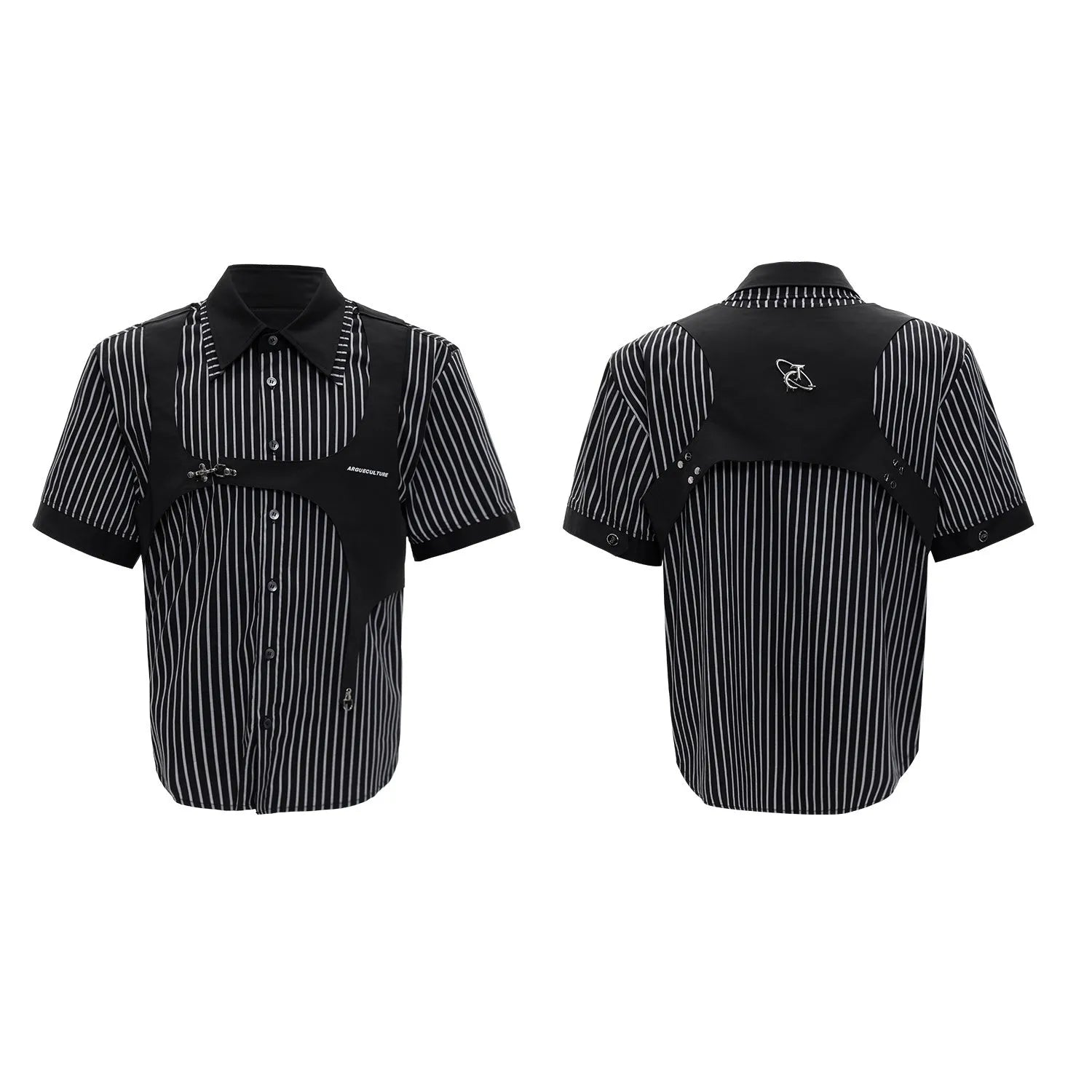 Men's black and white striped shirt with double collar design and short sleeves