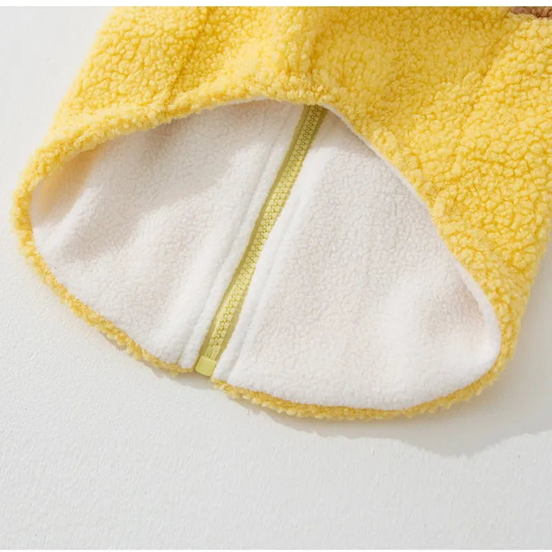 Cute bear embroidered pet fleece jacket with plaid pockets and leash ring for small dogs in yellow