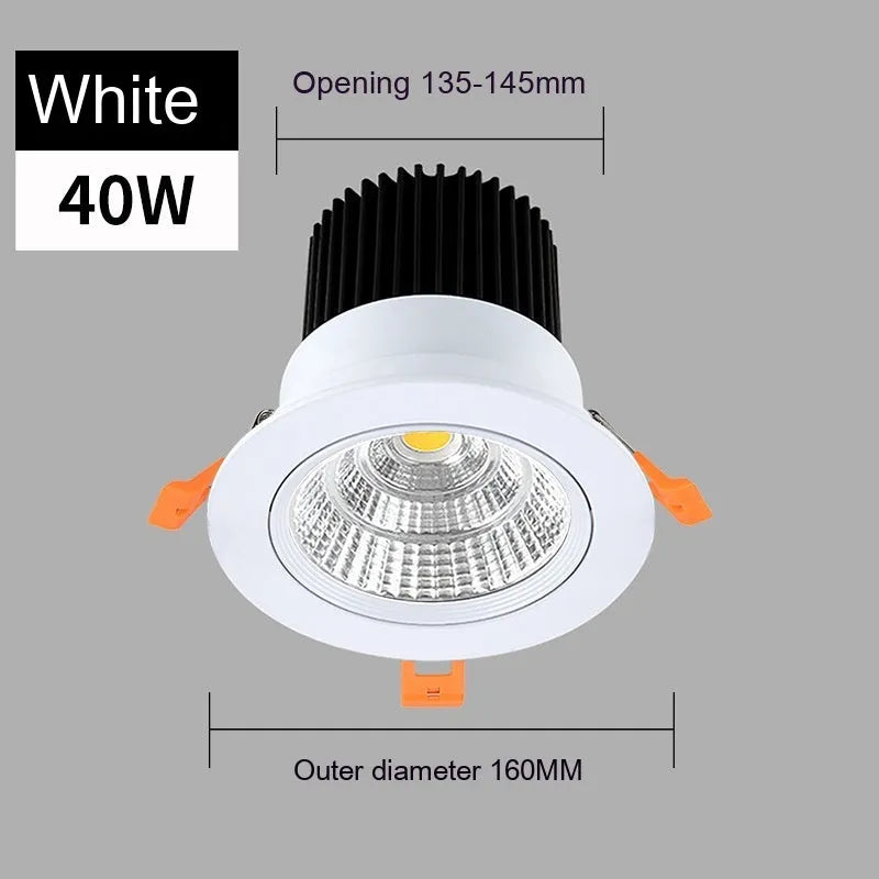 White aluminium embedded LED ceiling spotlight with anti-glare design showing three colour temperature options