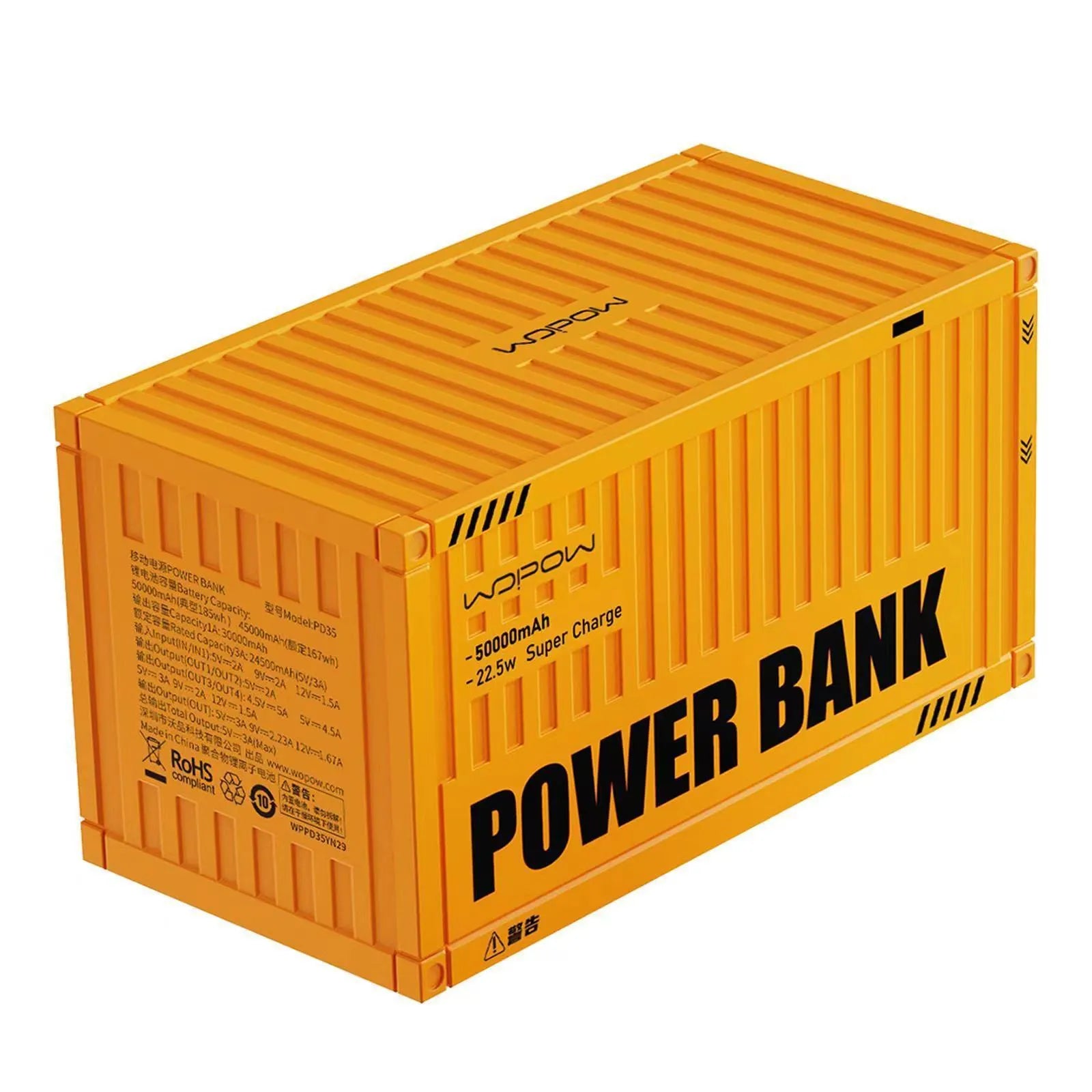 Large yellow 50000mAh power bank showing a digital display and five USB output ports