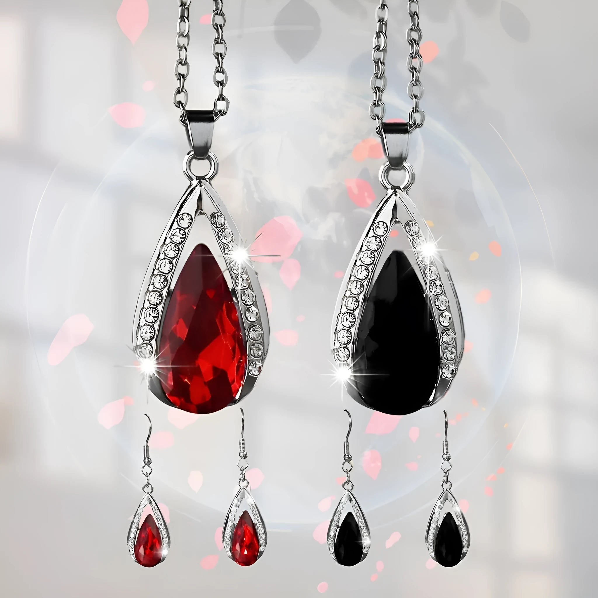 Black and red teardrop glass pendant necklace and earrings jewellery set
