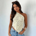 Women's slim fit lace backless vest top with asymmetrical neckline in a solid colour.