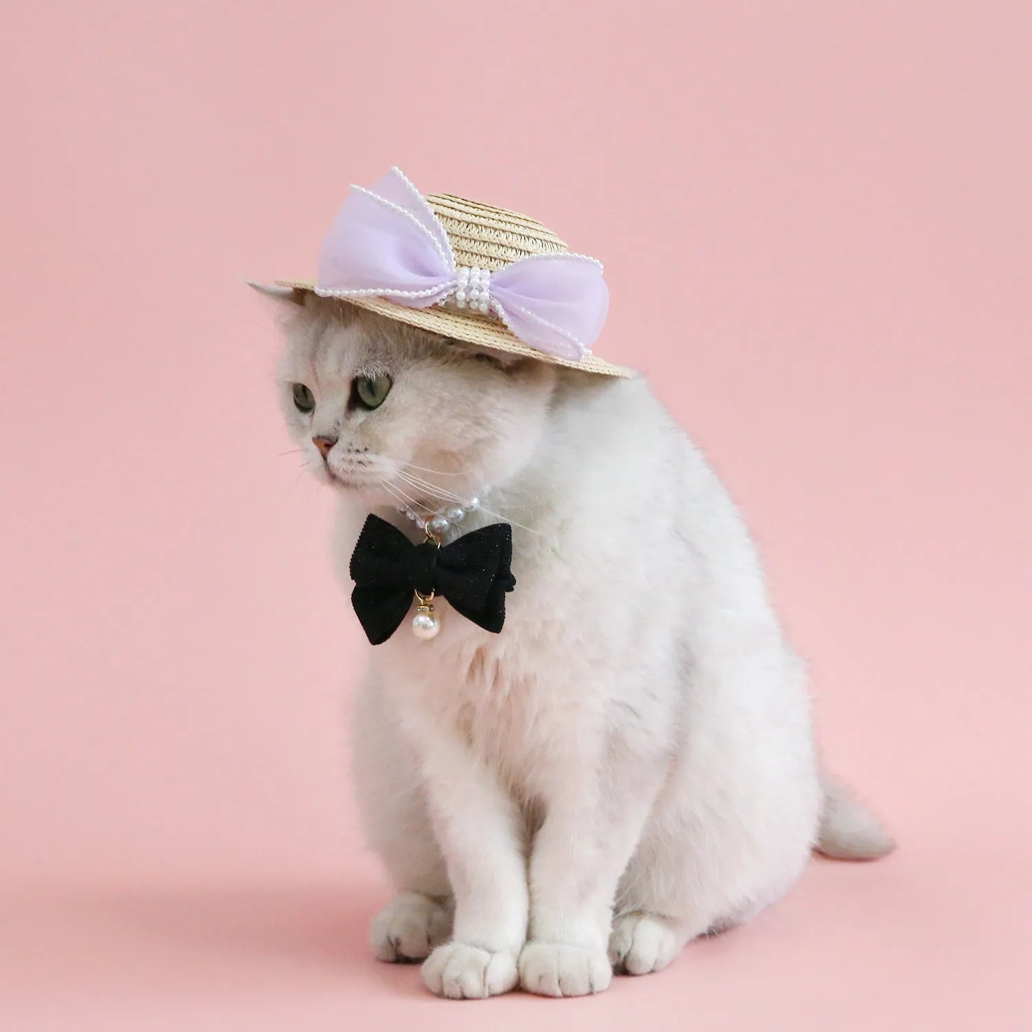 Woven straw pet hat with pearl bow decoration in pink, purple, blue or white colour options