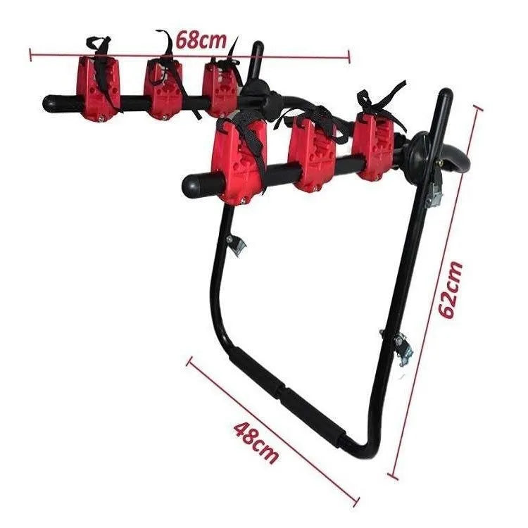 Black and red trunk mounted car bike rack with tie rope fastening, showing iron frame and sponge padding.