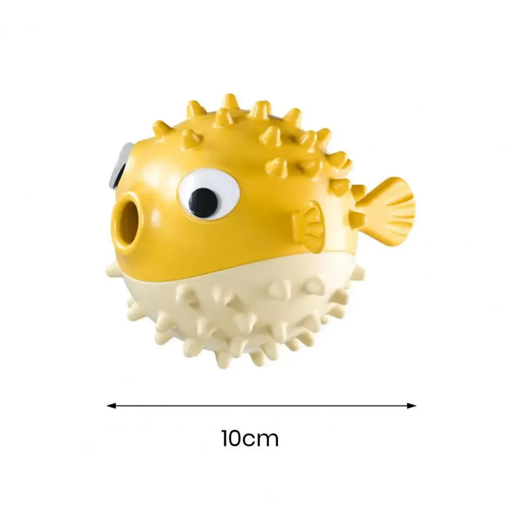 Yellow fish-shaped durable vinyl dog chew toy with textured surface and squeaker.