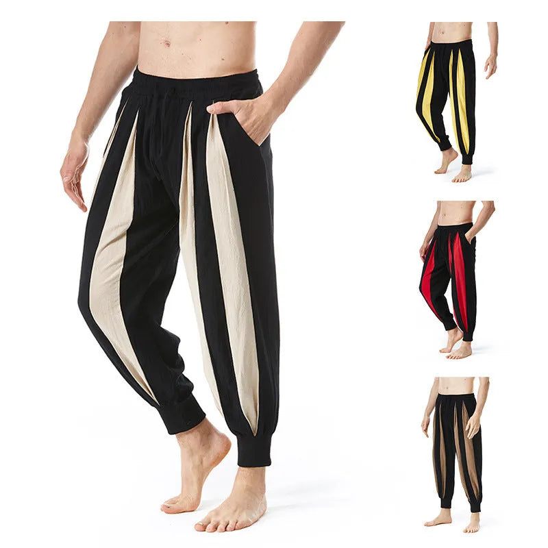 Men's straight-leg casual trousers in four colour options showing front and back views