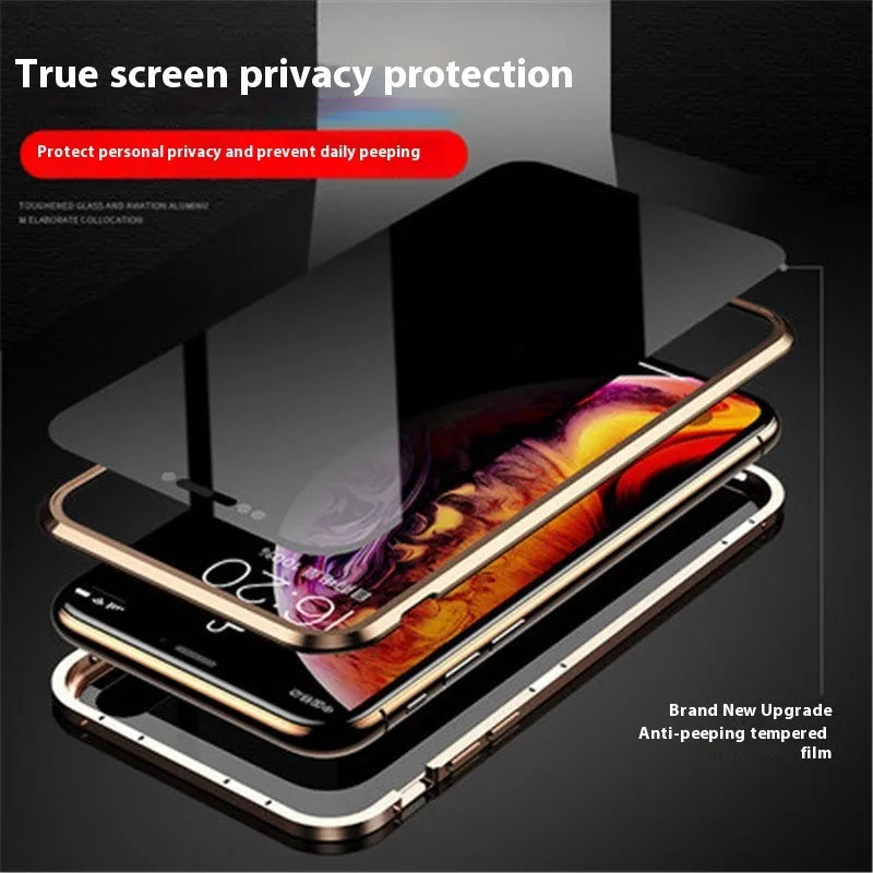 Magnetic double-sided peep-proof glass phone case in black for iPhone 13 to 16 series with metal frame