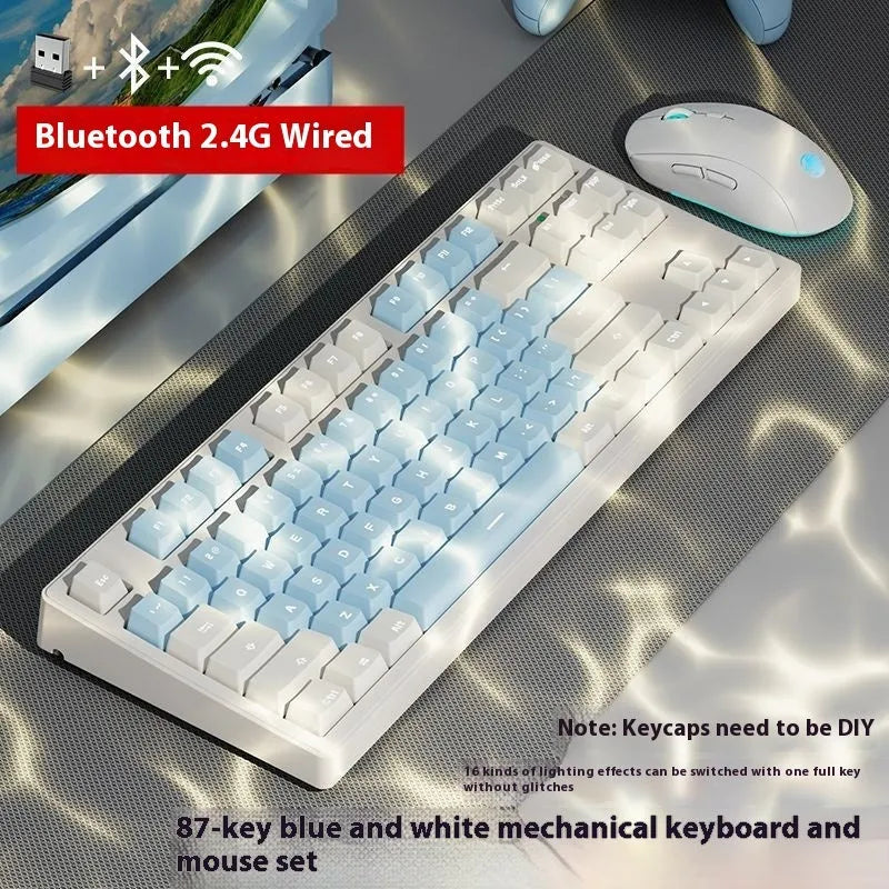 Mechanical keyboard with three connectivity modes in blue and white colour matching design