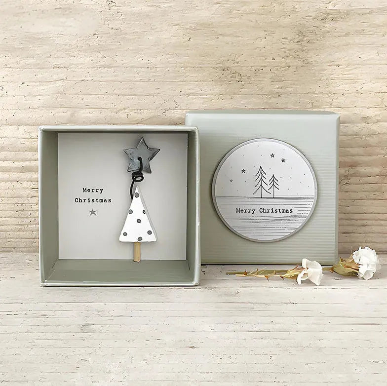 Boxed guardian angel ornament in modern simplicity style with resin plastic construction