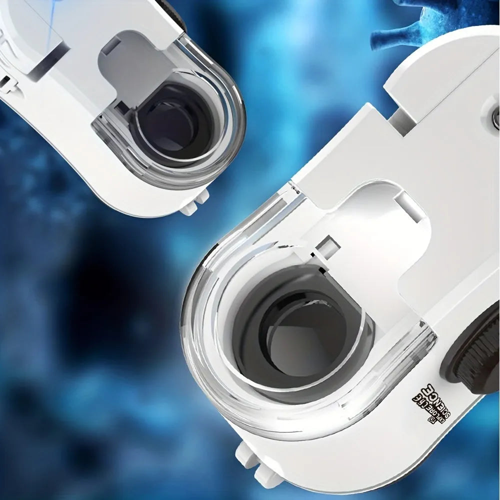 Pocket microscope with detachable clip for smartphone cameras showing 60x magnification and LED light