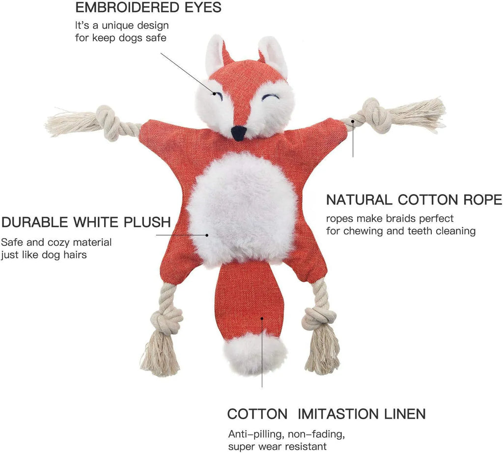 Brown fox dog toy with squeaker, crinkle paper, and cotton rope through limbs