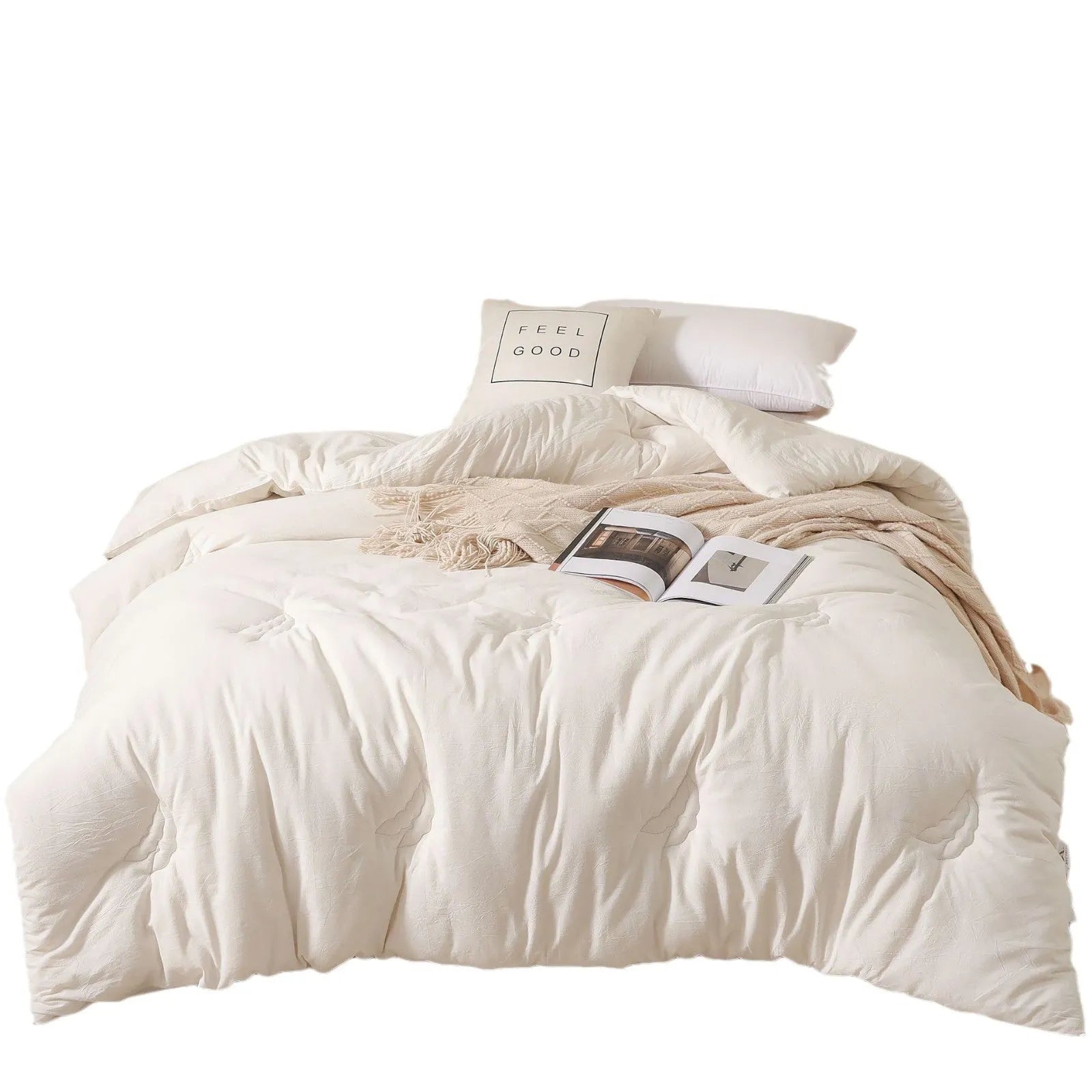 A pure cotton soybean fibre quilt in grey, shown folded, with details of its twill weave and size label.