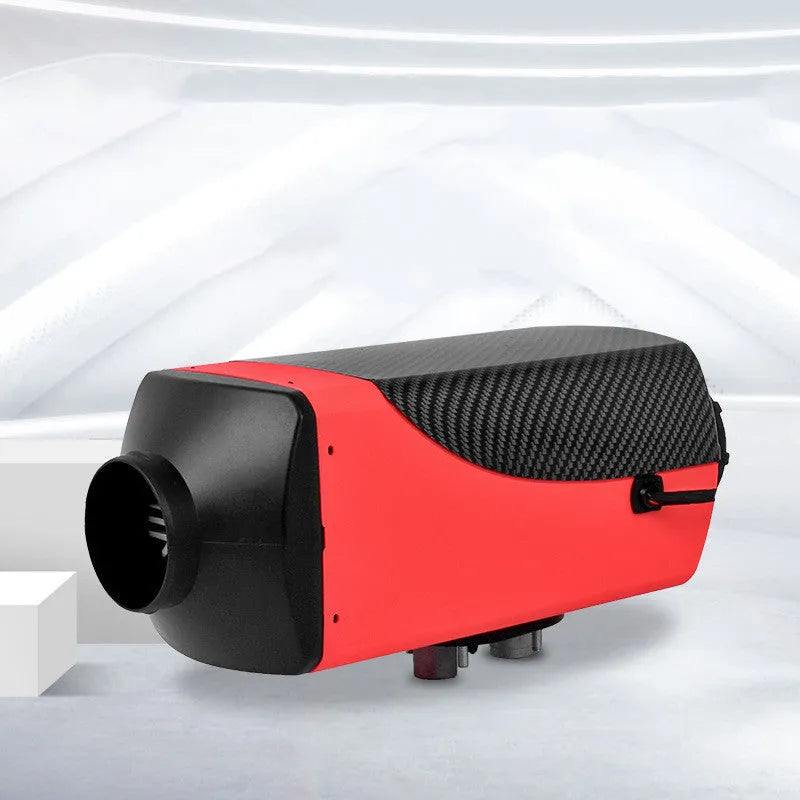 Diesel air heater kit with red and black unit, fuel tank, pipes, and wiring for truck or camper van installation.