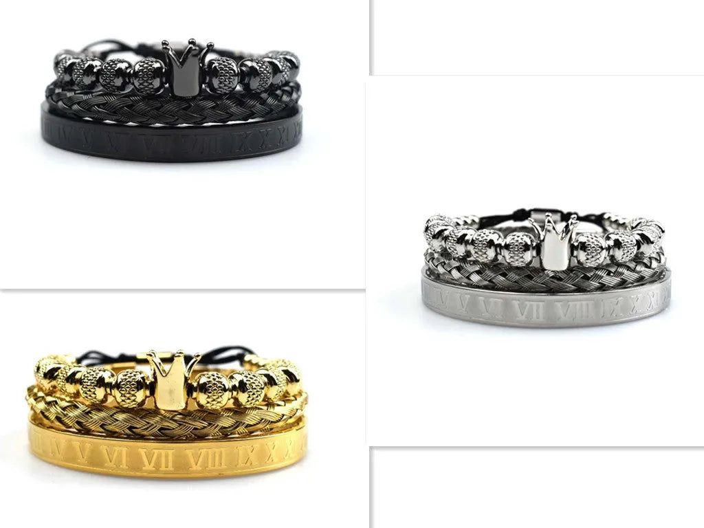 Men's adjustable copper zircon bracelet with Roman royal crown charm, four colour finish options