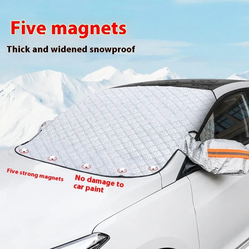 Large aluminium foil car cover with reflective stripes and magnets, shown fitted on an SUV front windshield.