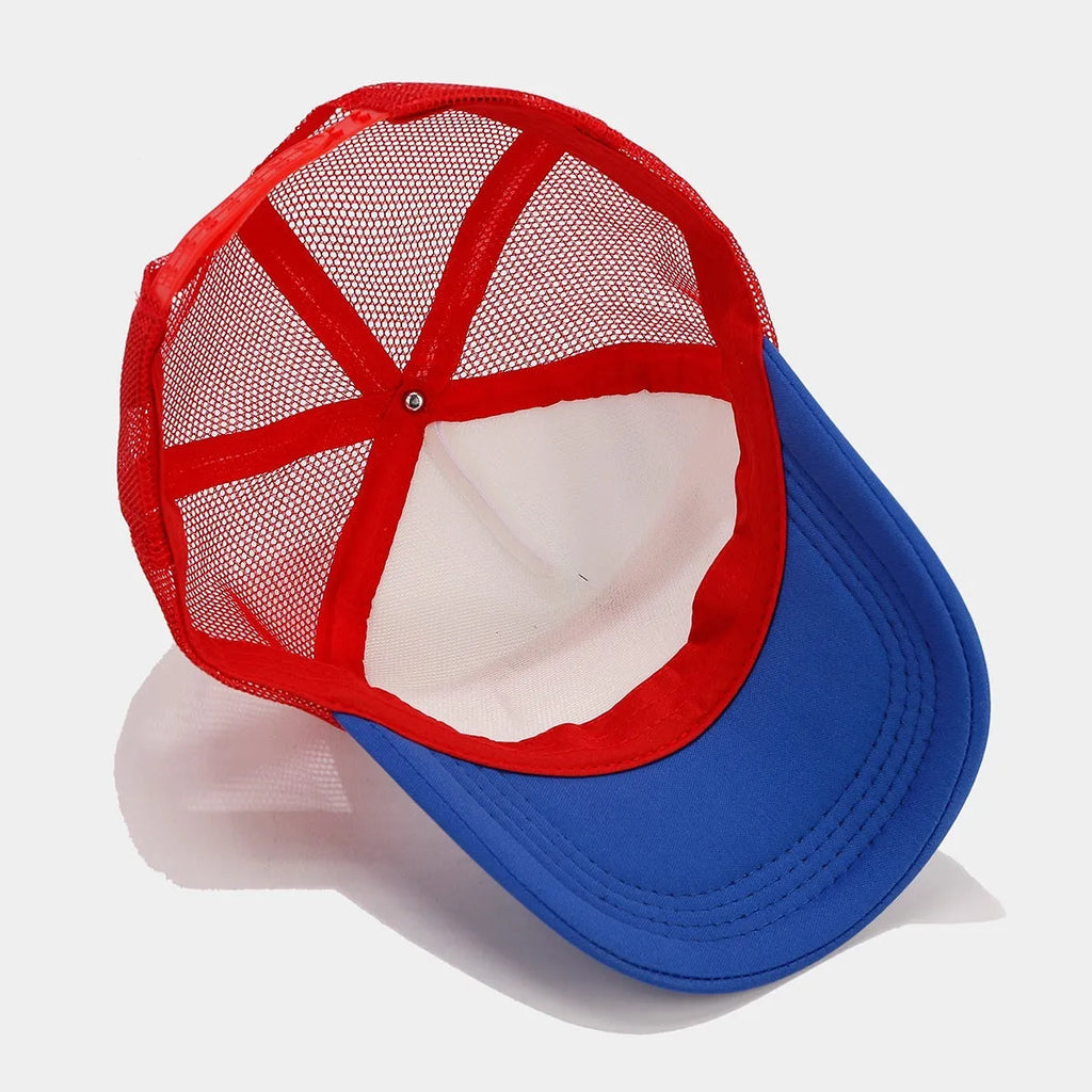 Red and blue contrasting mesh baseball cap with adjustable fit and breathable space cotton construction