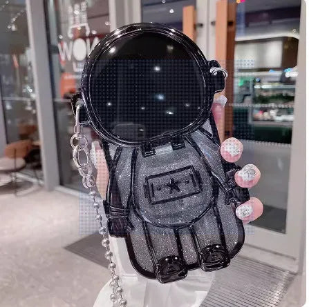 Electroplated TPU astronaut phone case for iPhone 13 with flip mirror and bracket, dark purple gradient glitter finish