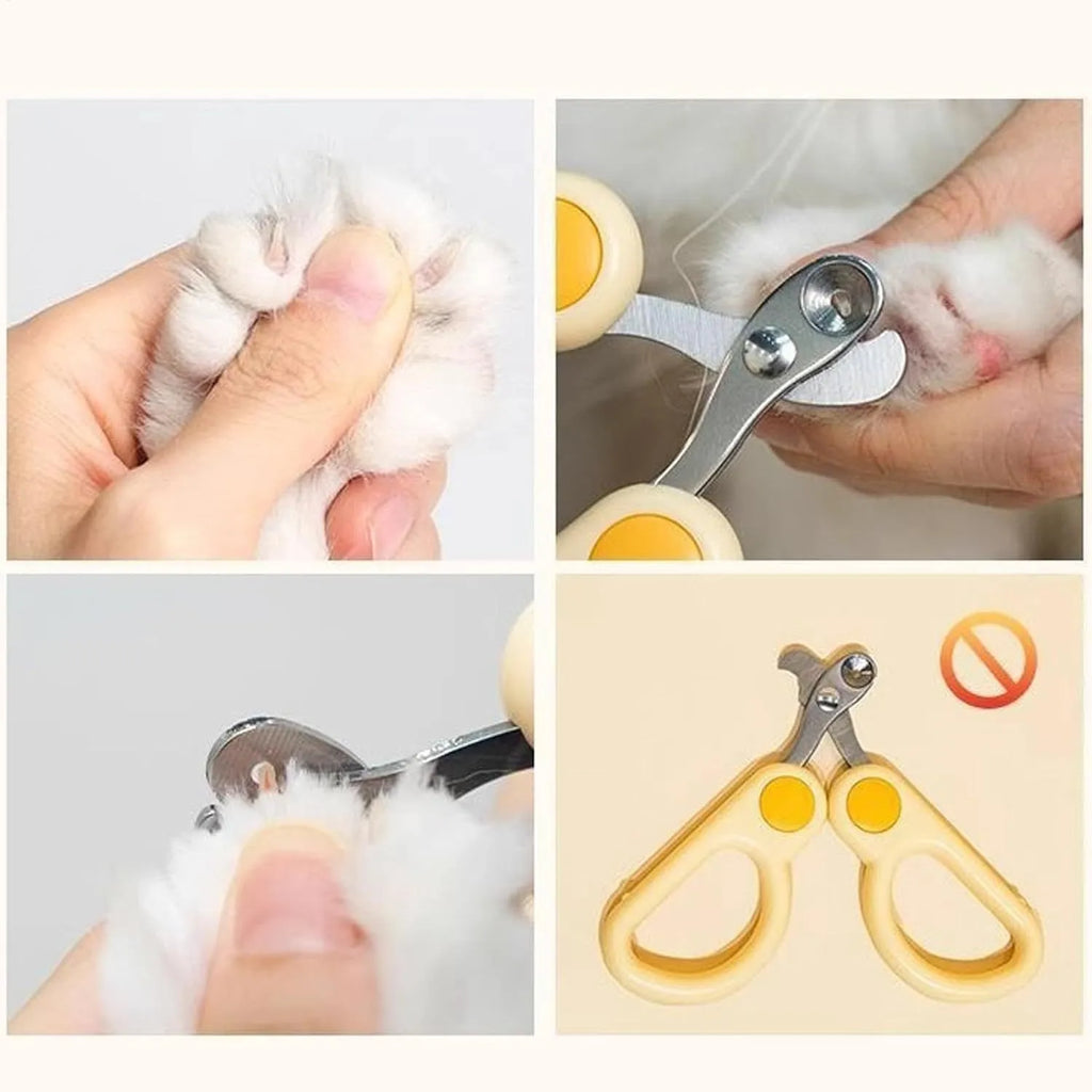 Pet nail clippers with round hole design, stainless steel blades, and ergonomic handles. Available in green or yellow.
