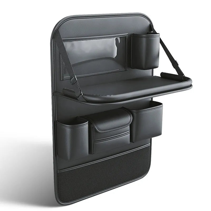 Car seat lazyback storage bag in obsidian black with foldable dining table and leather finish