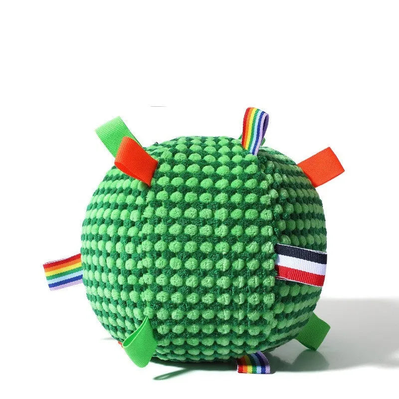 Blue vocal ball dog chew toy with rolling molar ring design and pineapple lattice texture, 17cm diameter