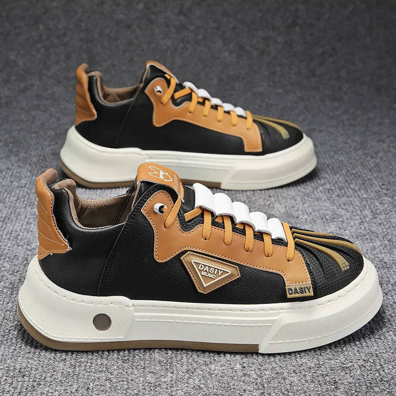Men's beige low-top sneakers with elastic band fastening and round toe design