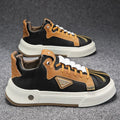 Men's beige low-top sneakers with elastic band fastening and round toe design