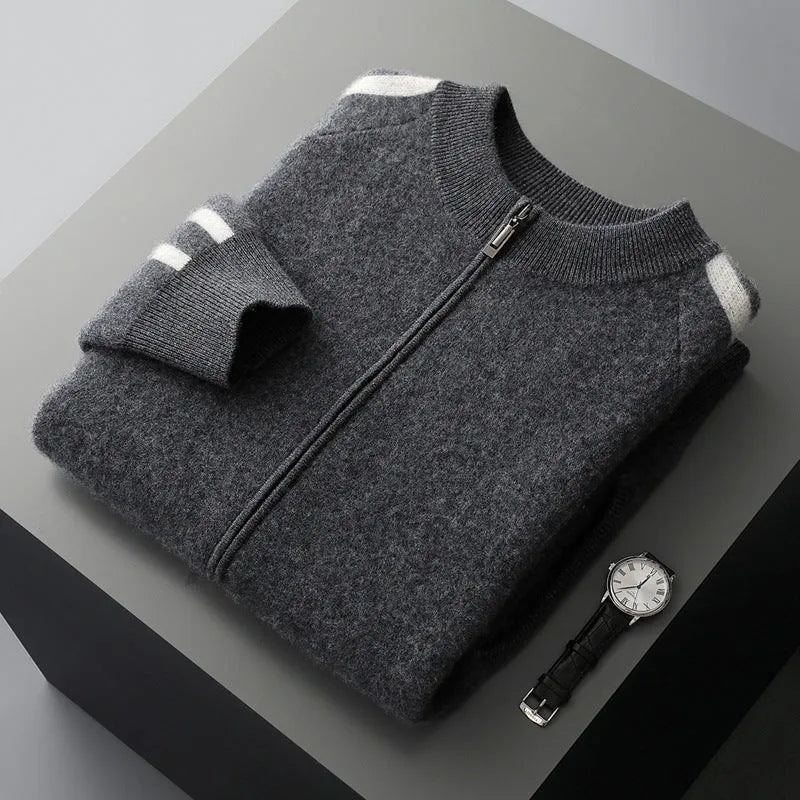 Thickened pure wool half turtleneck cardigan in light gray with button front and long sleeves