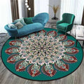 Machine woven round polyester rug with national style pattern in living room setting