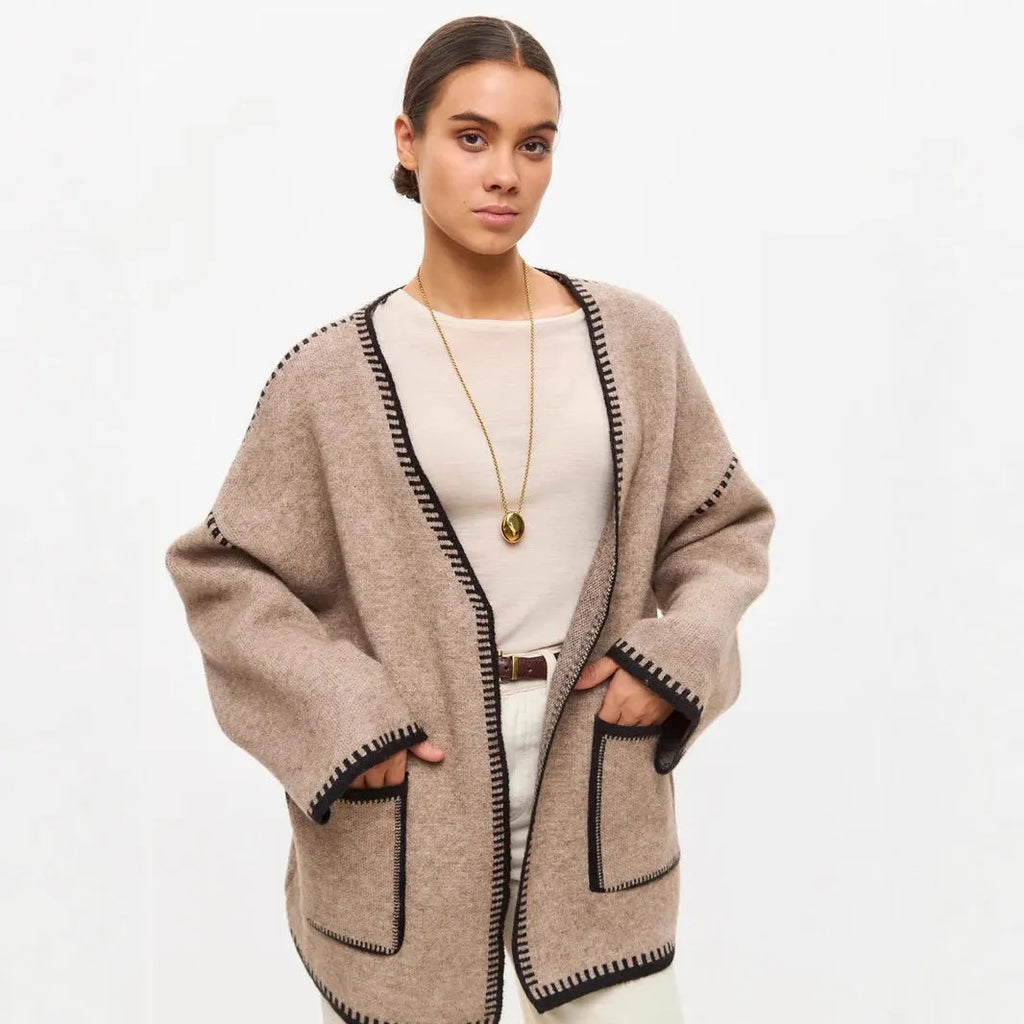 Loose fit knitted cardigan sweater coat in camel colour with long sleeves