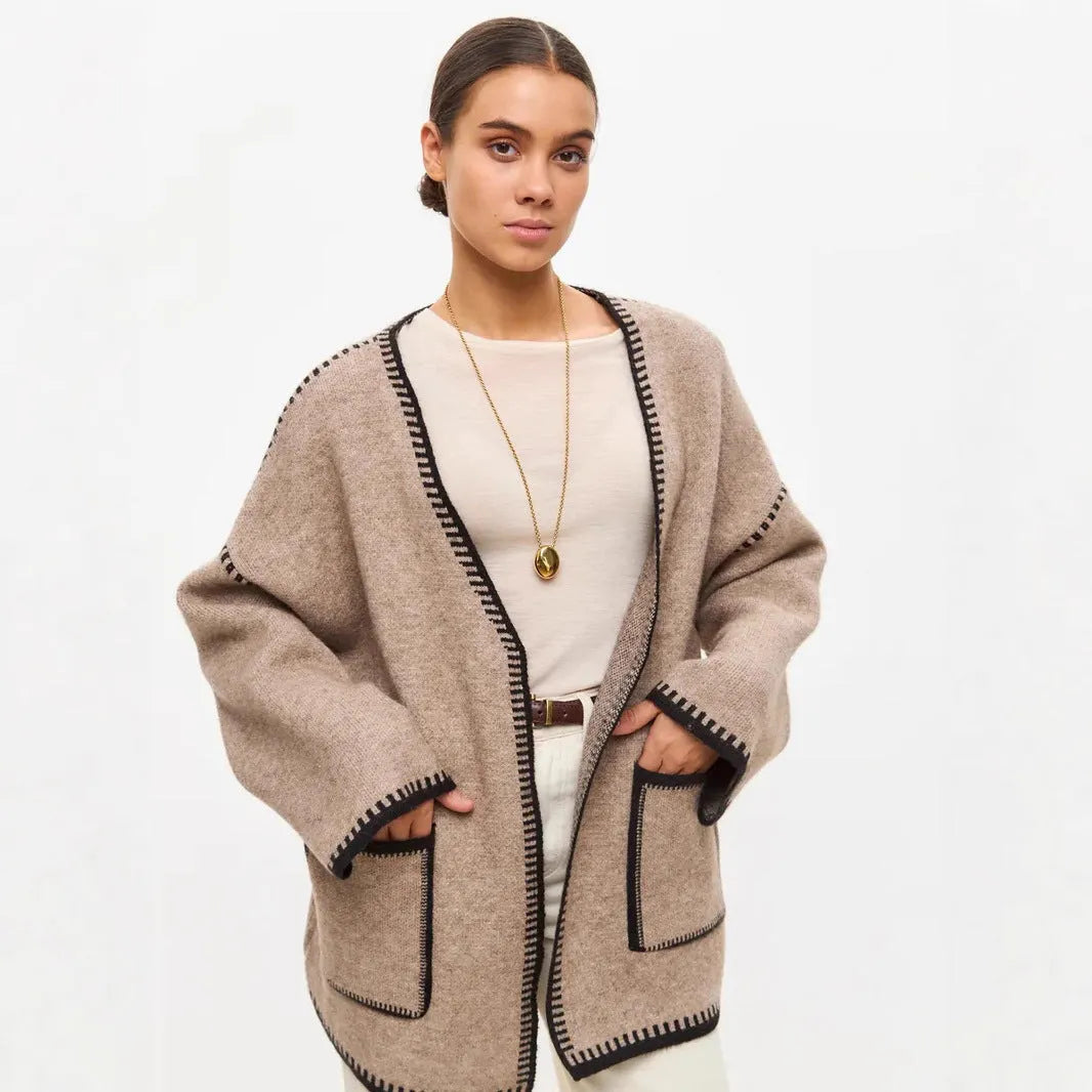 Loose fit knitted cardigan sweater coat in camel colour with long sleeves