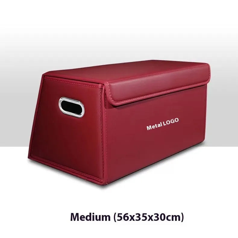 Folding car trunk storage organiser in waterproof leather, available in black, brown, and wine red colours with medium and small size options.