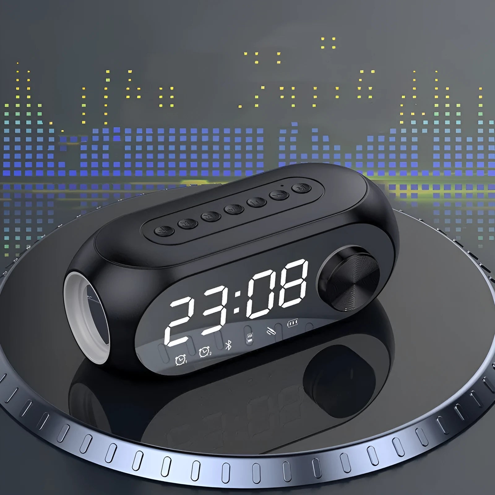 Compact portable Bluetooth speaker in black, white, or blue with USB charging cable.