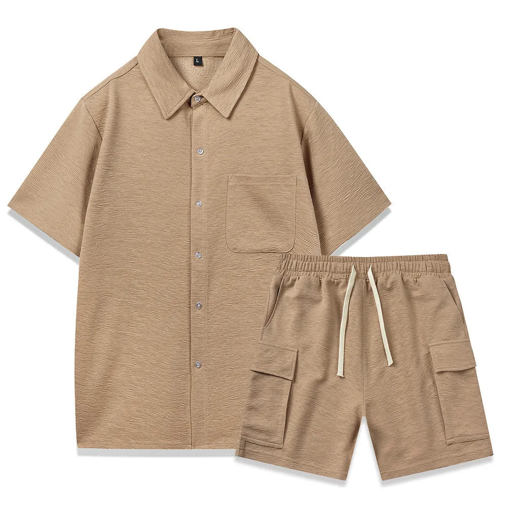 Elastic waist shorts two-piece set with short sleeve top in neutral colours