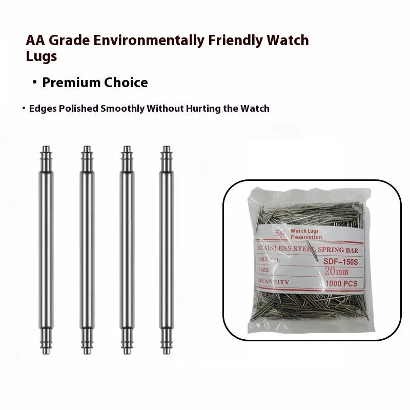 Bulk box of watch repair parts including bolts and springs in sizes 21mm to 26mm.